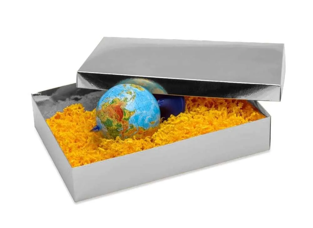 Srebrne pudełko, wypełniacz dekoracyjny żółty, globus