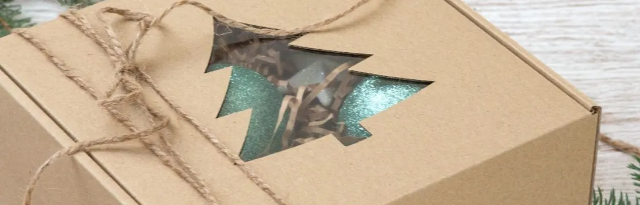 Pudełko kartonowe z okienkiem w kształcie choinki przewiązane sznurkiem jutowym