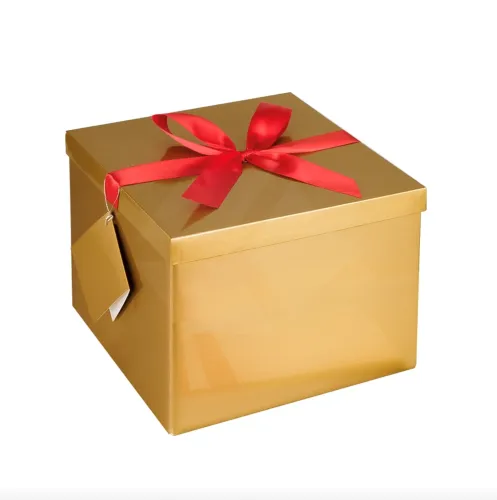 opakowanie świąteczne, pudełko składane, złote z czerwoną wstążką