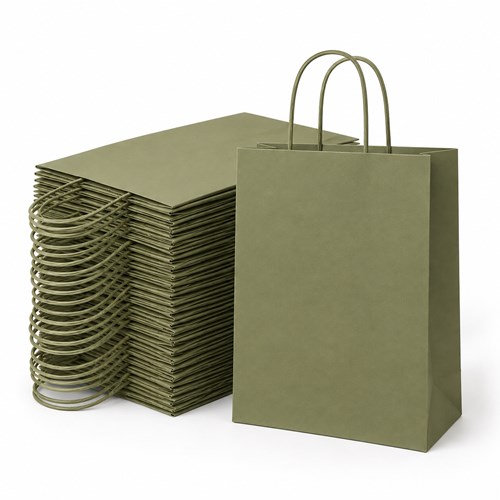 Zestaw 100 torebek papierowych khaki 230 × 120 × 300 mm z papierowym uchwytem skręcanym