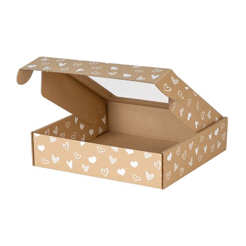 Pudełko ozdobne z oknem, brąz w białe serduszka 200x200x50mm