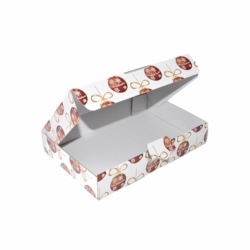 Pudełko prezentowe w formie kartonika wykrojnikowego z motywem świątecznych bombek