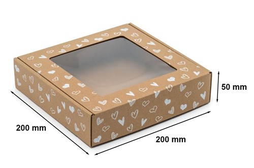 Pudełko ozdobne z oknem, brąz w białe serduszka 200x200x50mm