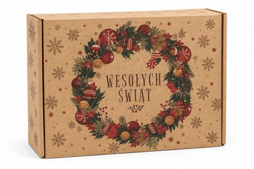 Karton świąteczny 330 × 250 × 100 mm Wesołych Świąt wianek i śnieżynki FEFCO 427