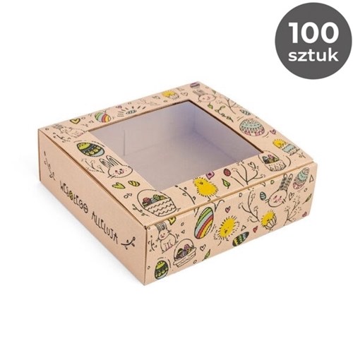 Paleta lub karton zbiorczy z ok. 100 pudełkami, kilka złożonych na wierzchu.