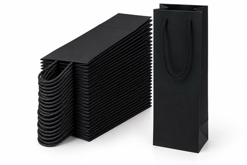 Zestaw 25 czarnych toreb papierowych na wino o wymiarach 115 × 90 × 355 mm, wykonanych z papieru kartonowego 210 gsm, z matową laminacją anti-scratch,