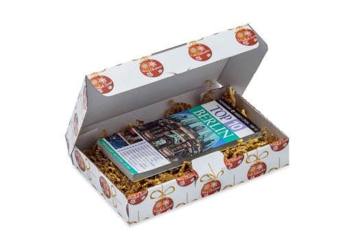 Pudełko prezentowe w formie kartonika wykrojnikowego z motywem świątecznych bombek