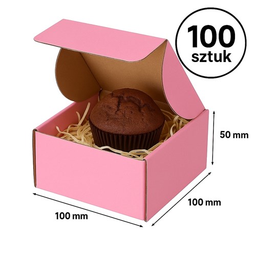 Paleta/karton zbiorczy z 100 różowymi pudełkami; kilka złożonych frontem, pastelowe tło.
