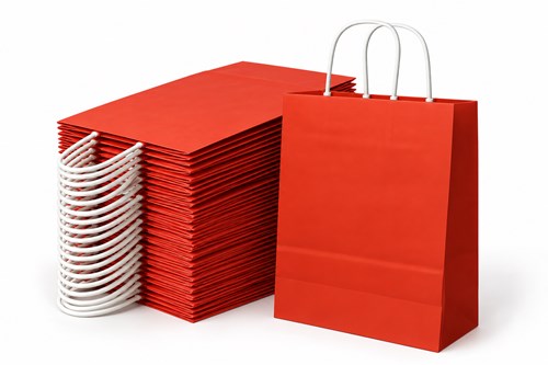 Zestaw 100 czerwonych toreb papierowych prezentowych 240 × 100 × 320 mm o gramaturze 90 g/m² z uchwytami skręcanymi i dnem klockowym