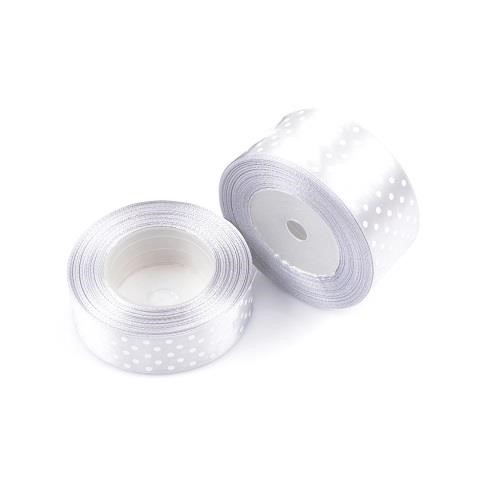 Wstążka satynowa kropki 25mm srebrna 22m WSK6139