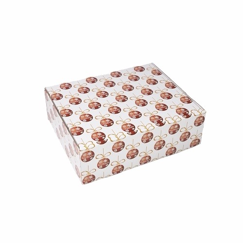 Biały karton wykrojnikowy z motywem czerwonych bombek do pakowania prezentów