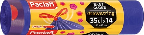 Worki na śmieci Paclan Drawstring 35 l – aromatyzowane, fioletowe, rolka 14 sztuk