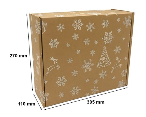 Karton świąteczny 305x270x110 mm szary z białymi śnieżynkami, choinkami i reniferami