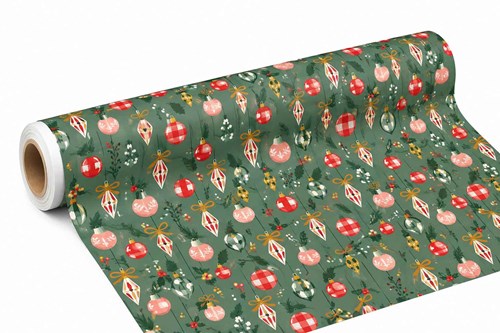 Zielony papier świąteczny do pakowania prezentów z motywem bombek w różnych kolorach, rolka 69 cm × 50 m, gramatura 60 g/m²