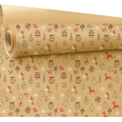 Papier ozdobny kraft 0,69x50 m z kolorowym nadrukiem bombek – klasyczny i świąteczny