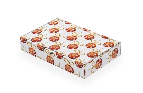 Pudełko prezentowe w formie kartonika wykrojnikowego z motywem świątecznych bombek