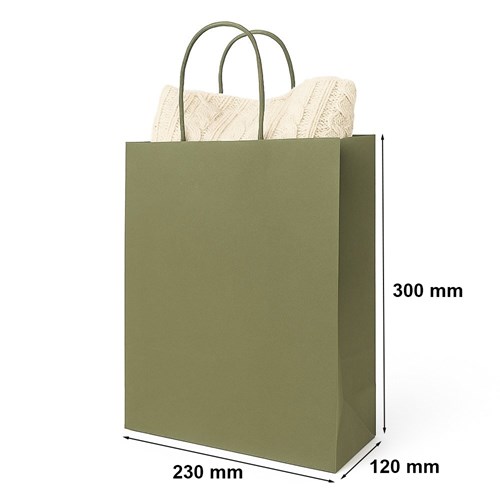 Torebka papierowa khaki 230x120x300 mm z uchwytem skręcanym – stylowa i neutralna