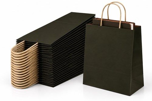 Zestaw 100 czarnych toreb papierowych prezentowych o wymiarach 305 × 170 × 425 mm, pojemności 23 l, z lakierowaną powierzchnią, dnem klockowym i papie
