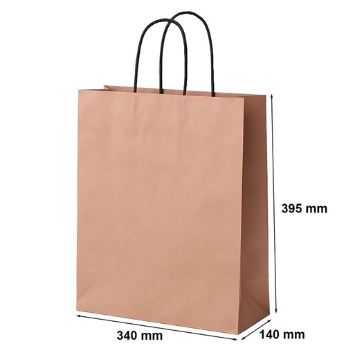 Zestaw 10 miedzianych toreb papierowych o wymiarach 34 × 14 × 39,5 cm, wykonanych z papieru 100 g/m², wyposażonych w skręcane uchwyty typu kraft