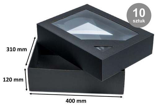 Pudełka karbowane czarne 400x310x120mm wieczka z oknem 10szt