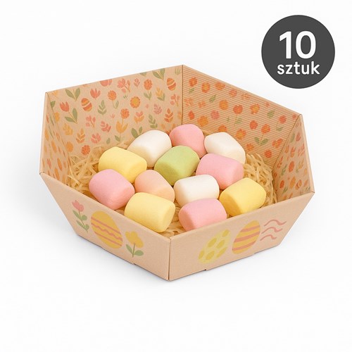 Zdjęcie 10 tacek ustawionych obok siebie, z pastelowym nadrukiem i świątecznymi dekoracjami.