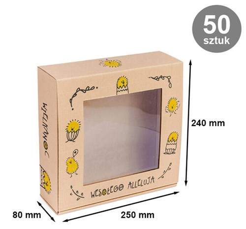  Ujęcie zbiorcze 50 pudełek w kartonie zbiorczym + kilka złożonych frontem z widocznym okienkiem.