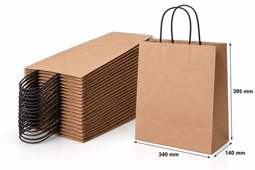 Zestaw 10 miedzianych toreb papierowych o wymiarach 34 × 14 × 39,5 cm, wykonanych z papieru 100 g/m², wyposażonych w skręcane uchwyty typu kraft