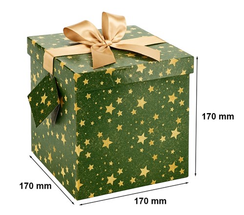 Pudełko zielone ze złotymi gwiazdkami z kokardą