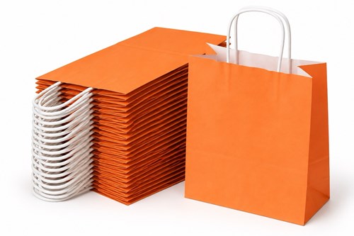 Zestaw 25 pomarańczowych toreb papierowych ECOBAG o wymiarach 305 × 170 × 340 mm, gramaturze 100 g/m² i pojemności 17,5 l, z papierowymi uchwytami szn