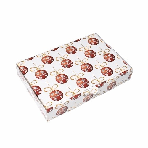 Pudełko prezentowe w formie kartonika wykrojnikowego z motywem świątecznych bombek