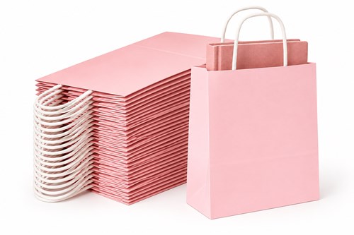 Zestaw 50 pastelowo różowych toreb papierowych prezentowych o wymiarach 240 × 100 × 320 mm, ze skręcanymi uchwytami i dnem klockowym