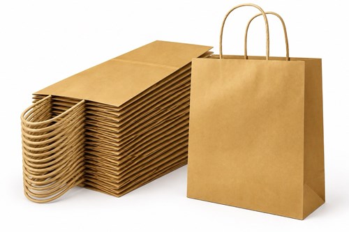 Zestaw 50 złotych toreb papierowych o wymiarach 34 × 14 × 39,5 cm, wykonanych z papieru 100 g/m², wyposażonych w skręcane uchwyty typu kraft