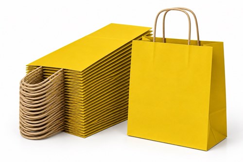 Zestaw 100 żółtych toreb papierowych ECOBAG o wymiarach 305 × 170 × 340 mm, pojemności 17,5 l, wykonanych z papieru 100 g/m², z dnem klockowym i uchwy