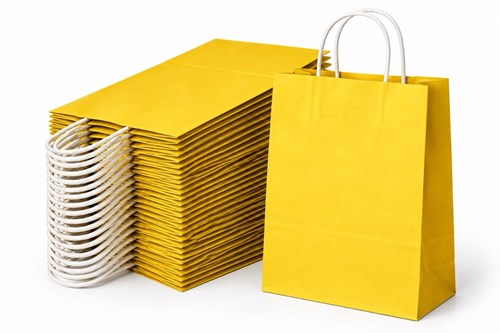 Zestaw 25 żółtych toreb papierowych A4 o wymiarach 240 × 100 × 320 mm, gramaturze 90 g/m² i pojemności 7,5 l, z uchwytami ze sznurka papierowego oraz
