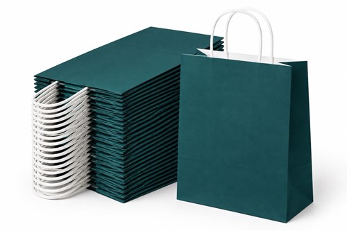 Zestaw 10 zielonych toreb papierowych A4 o wymiarach 240 × 100 × 320 mm, gramaturze 90 g/m² i pojemności 7,5 l, z uchwytami ze sznurka papierowego ora