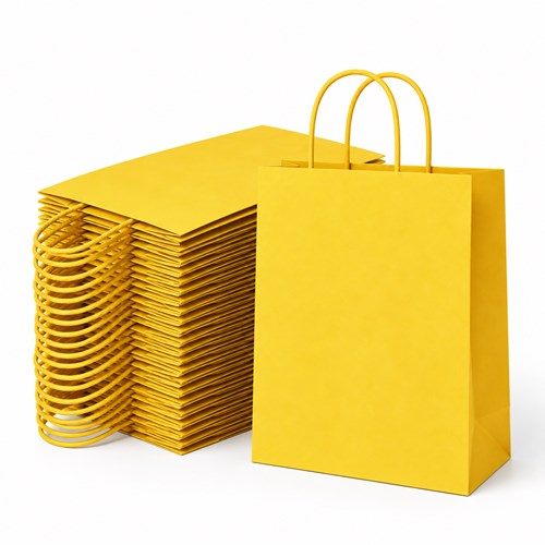 Zestaw 50 żółtych toreb papierowych ozdobnych 230 × 120 × 300 mm o gramaturze 90 g/m² z białym poddrukiem wewnętrznym