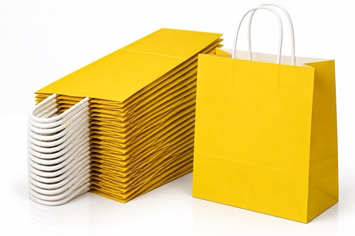 Zestaw 10 żółtych toreb papierowych ECOBAG o wymiarach 305 × 170 × 425 mm, pojemności 23 l, wykonanych z papieru 100 g/m², z dnem klockowym i uchwytam