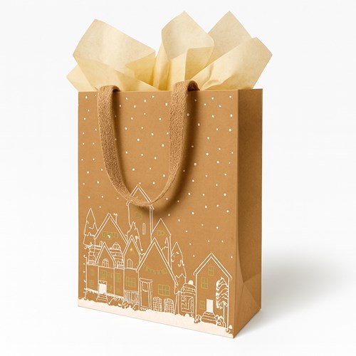 Torba KRAFT 180x100x230mm Złota Z Motywem Świątecznym Na Upominki