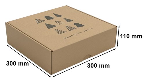 Kraftowy karton fasonowy z nadrukiem choinek, idealny do paczek i prezentów świątecznych.