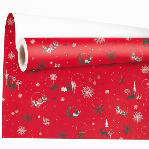Papier ozdobny czerwony 0,69x50 m z motywem reniferów – klasyczny i świąteczny