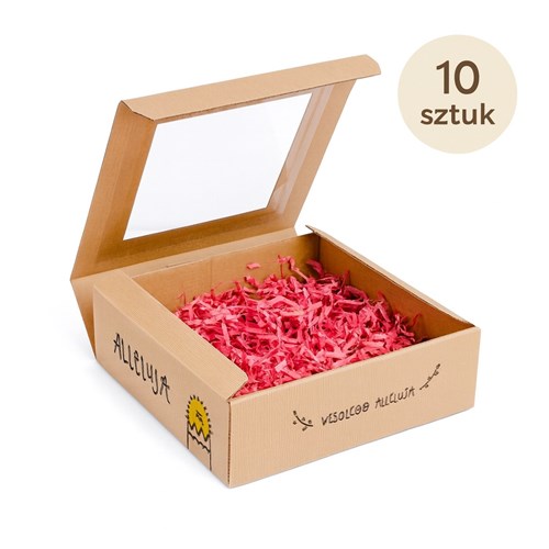 Zdjęcie 10 pudełek kraft z nadrukiem Alleluja, ustawionych frontem z widocznymi okienkami.