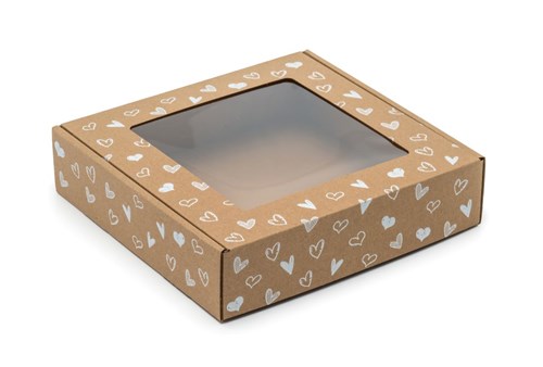 Pudełko ozdobne z oknem, brąz w białe serduszka 200x200x50mm