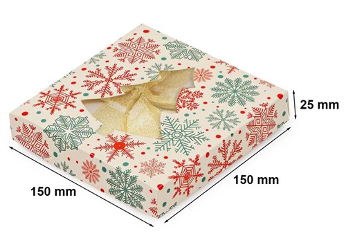 Pudełko ozdobne z oknem-choinką w śnieżki 150x150x25mm