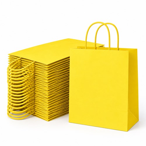 Zestaw 100 żółtych toreb papierowych kraft 230 × 120 × 300 mm o gramaturze 90 g/m² ze skręcanymi uchwytami papierowymi i dnem klockowym