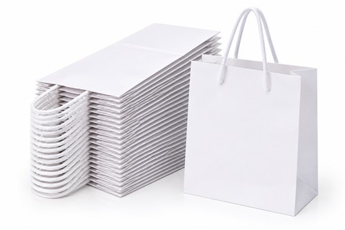 Zestaw 100 białych toreb papierowych kraft o wymiarach 140 × 51 × 153 mm, wykonanych z papieru 200 g/m², z gładką powierzchnią pod nadruk i wymiennymi