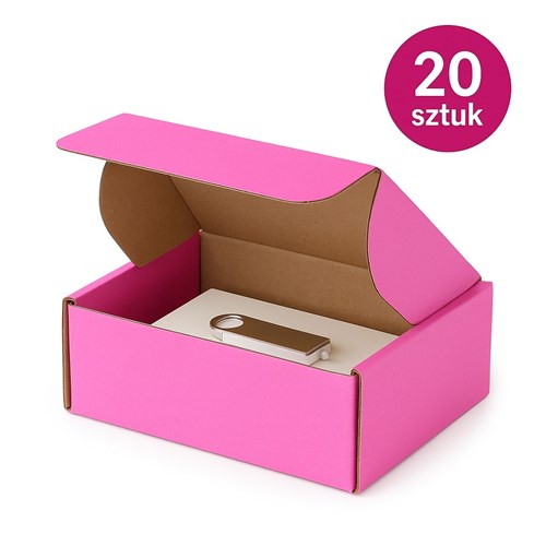 20 różowych pudełek wykrojnikowych, część złożona, część rozłożona.