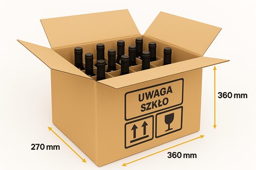 Karton klapowy 360x270x360mm z nadrukiem UWAGA SZKŁO na 12 butelek