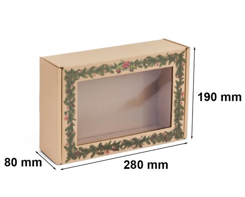 karton świąteczny gałązki, pudełko z okienkiem kraft, karton fasonowy 3W, opakowanie świąteczne z nadrukiem, pudełko prezentowe święta