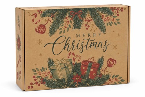 Zestaw 25 kartonów świątecznych 330 × 250 × 100 mm FEFCO 427 z wieńcem i napisem Merry Christmas