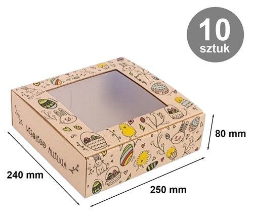 10 pudełek kraft z motywem wielkanocnym ustawionych frontem, w tle pastelowe dekoracje.